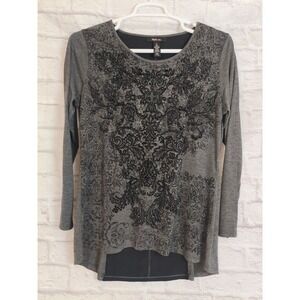 Style & Co Grey Black Flocked Damask Velvet Burnout Top‎ Large L Mixed Media